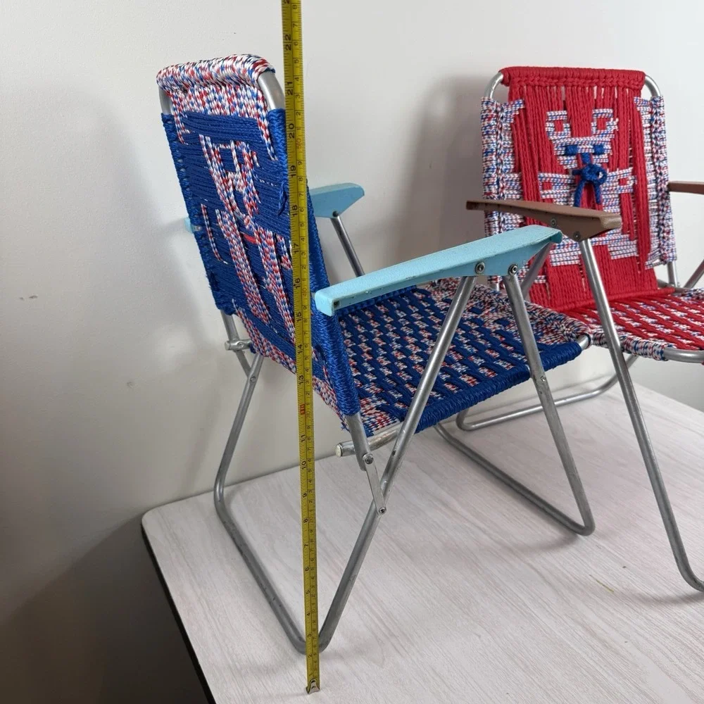 Vtg Set 2 Aluminum Folding Lawn Chair Child Sz Macrame Weave‎ Woven Chair Match
